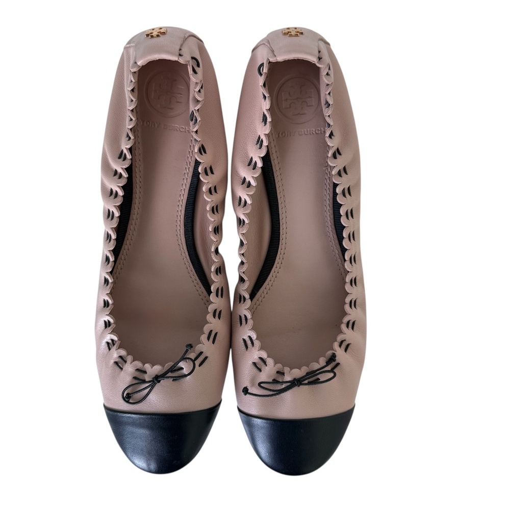TORY BURCH | Pink & Black Leather Cap-Toe Ballet Flats Sz 7.5M